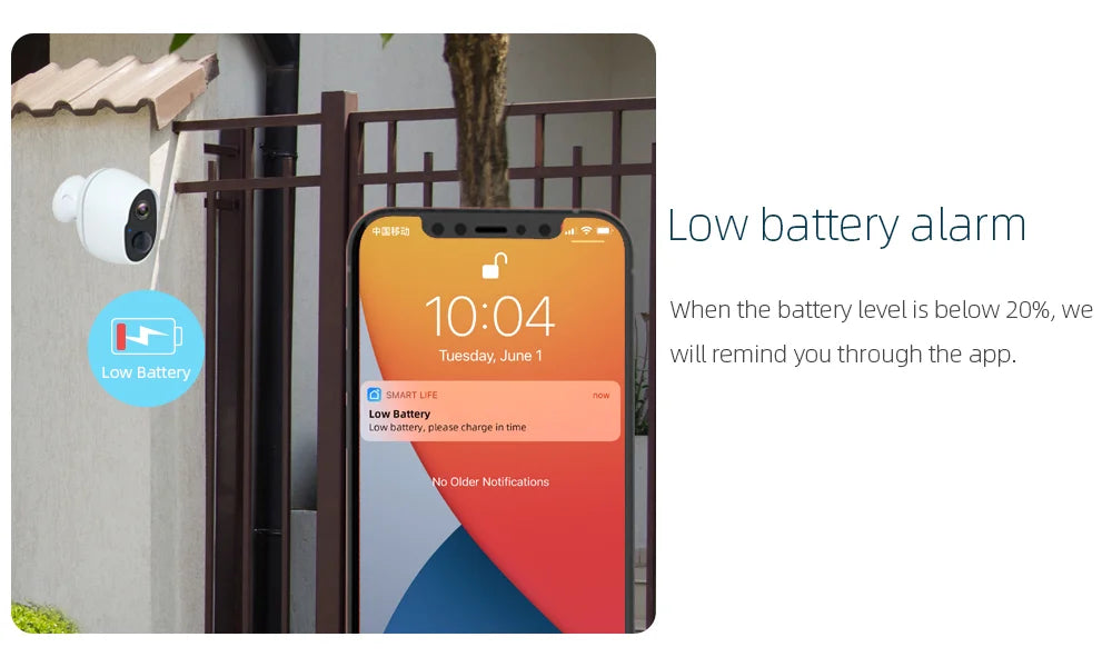 REHENT 3MP Solar Camera, if the battery level is below 20%, we Tuesday; June will remind you through the app
