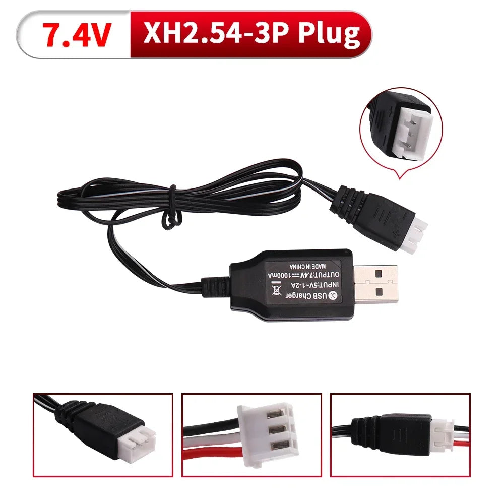 7.4V 1200mAh 25C 703048 Lipo Battery, 7.4V USB charger with XH2.54-3P plug, 5V-1.2A input, 7.4V-1000mA output, made in China.
