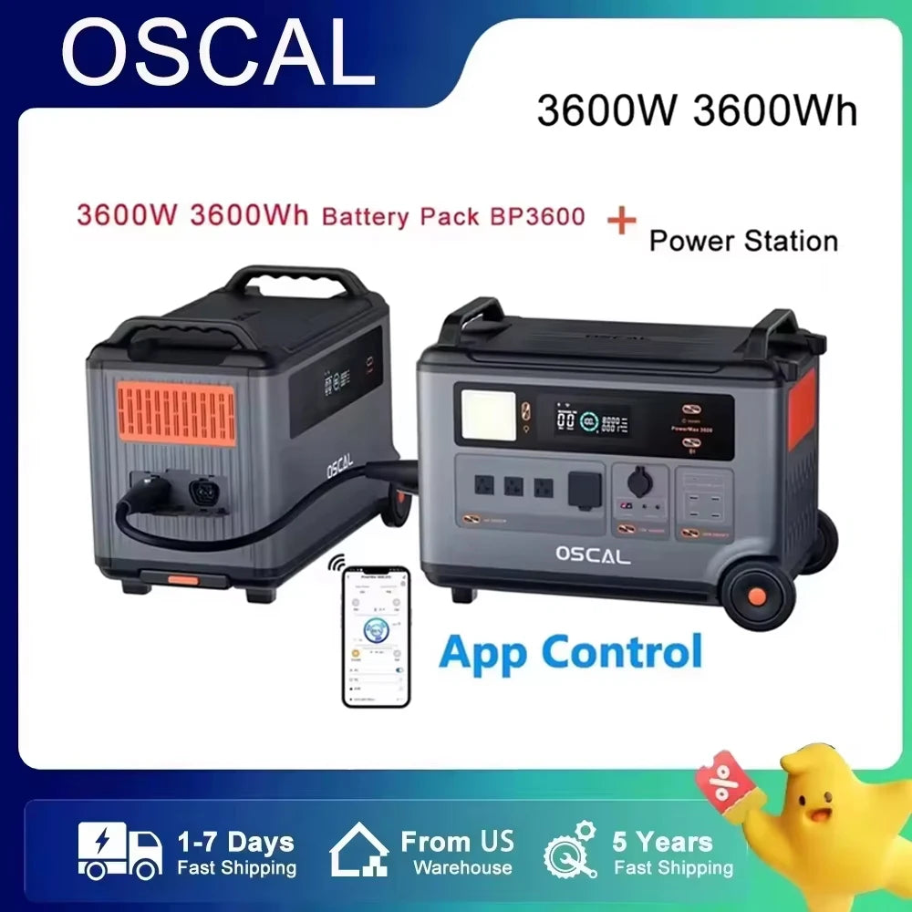 US Plug Oscal PowerMax 3600 Portable Power Station, OSCAL 3600W portable power station with 3600Wh capacity, app control, 14 ports, 5 LED modes, BMS, US plug, fast US shipping, and 5-year warranty.