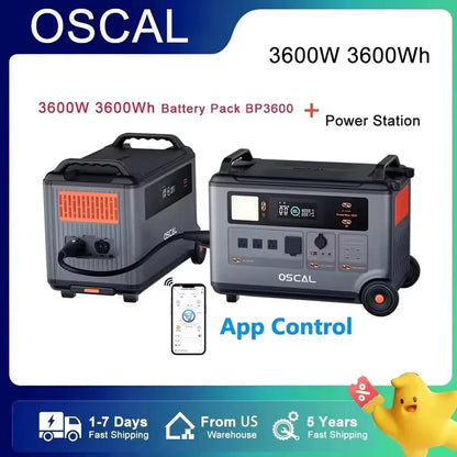 US Plug Oscal PowerMax 3600 Portable Power Station, OSCAL 3600W portable power station with 3600Wh capacity, app control, 14 ports, 5 LED modes, BMS, US plug, fast US shipping, and 5-year warranty.