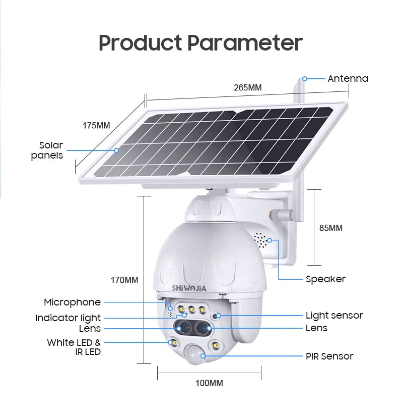 SHIWOJIA S379 Solar Camera, Various features: antenna, solar panels, speaker, microphone, lights, sensors for camera.