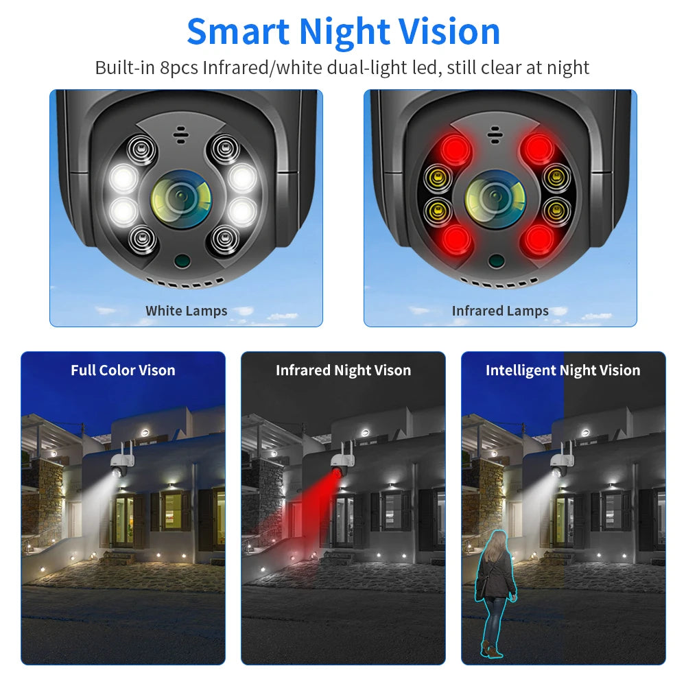 Hiseeu 4K 8MP Smart Wifi PTZ Camera, Night Vision Goggles: Built-in IR and LED lights for clear visibility in dark environments.