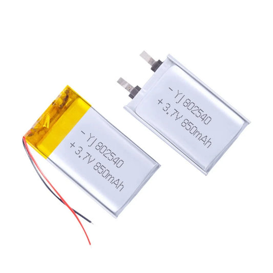 3.7V 850mAh LiPo battery, model 802540, ideal for Bluetooth headsets, beauty devices, selfie sticks, and sprayers. Lightweight, rechargeable polymer battery for portable electronics.