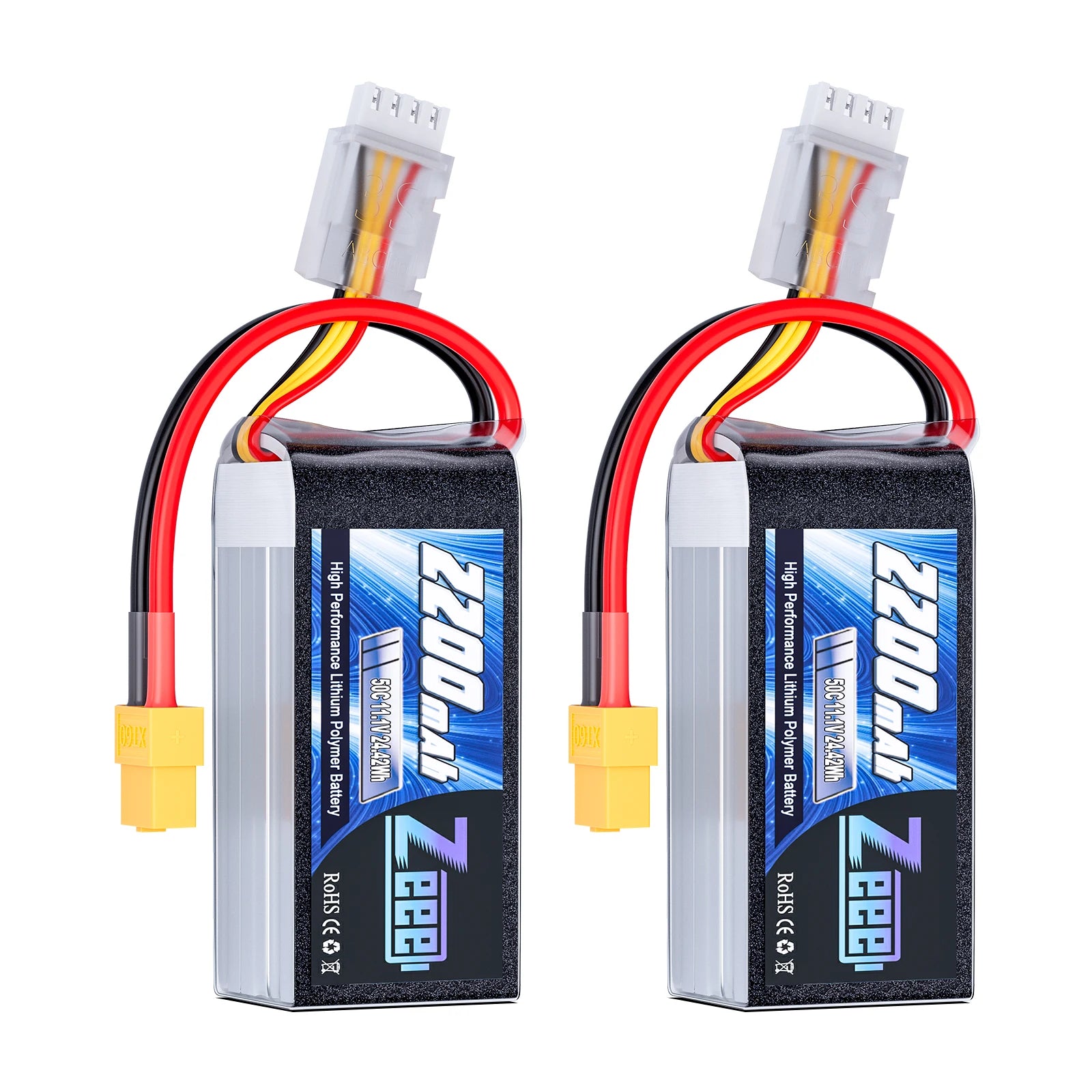2pcs Zeee 3S 2200mAh 11.1V 50C Shorty LiPo Battery, T/XT60 Plug, for 1/10–1/8 RC Car, Drone, Airplane (75x34x26.5mm)