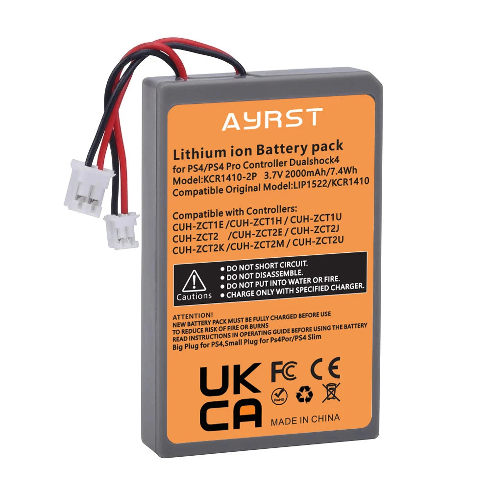 Sony PS4 DualShock 4 V1/V2 Replacement Battery, AYRST 2000mAh 3.7V lithium-ion battery for PS4 controllers; compatible with CUH-ZCT1/2. Avoid water, short circuits, disassembly. Use specified charger. Made in China.