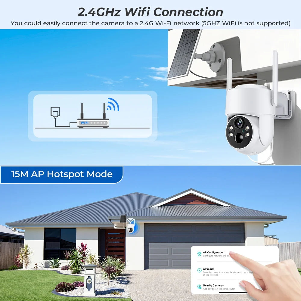 BESDER TQ6 4MP 2560 x 1440 Solar Camera, Connect to 2.4GHz Wi-Fi for remote access; note: SGHz WiFi not supported, use ISM AP Hotspot instead.