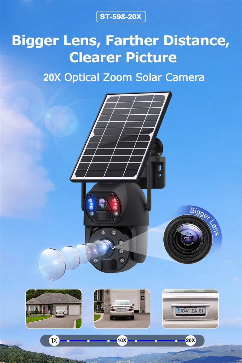 SHIWOJIA 4K 8MP 4G Solar Camera, Camera with 20x optical zoom and solar power for outdoor surveillance.