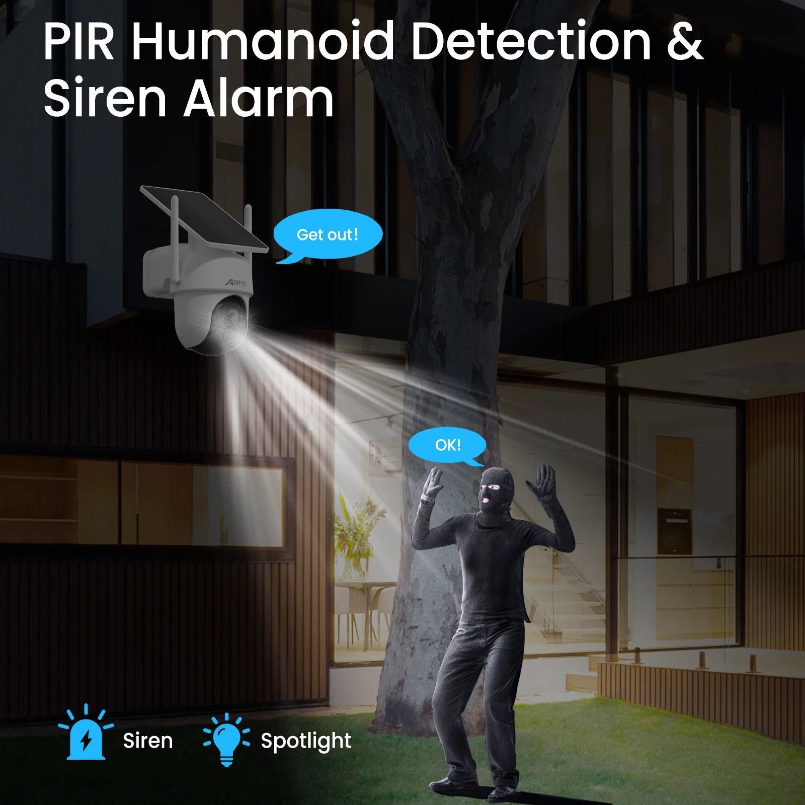 ANRAN Q4 2K 4MP Solar Battery Camera, Anrau OKI Siren Spotlight: PIR Humanoid Detecti