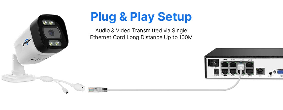 Hiseeu 4K 8MP Camera, Easy setup with plug-and-play connectivity; streams audio and video up to 10km over Ethernet.