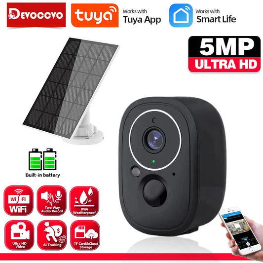 Devoccvo 5MP Tuya Solar Wifi Camera, Tuya App Smart Life 5MP ULTRA HD Built-in battery Wi WiFi Two