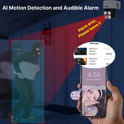 Hiseeu 2K 4MP Camera, Smart camera with motion detection sends audio alarms and texts to alert you of movements.