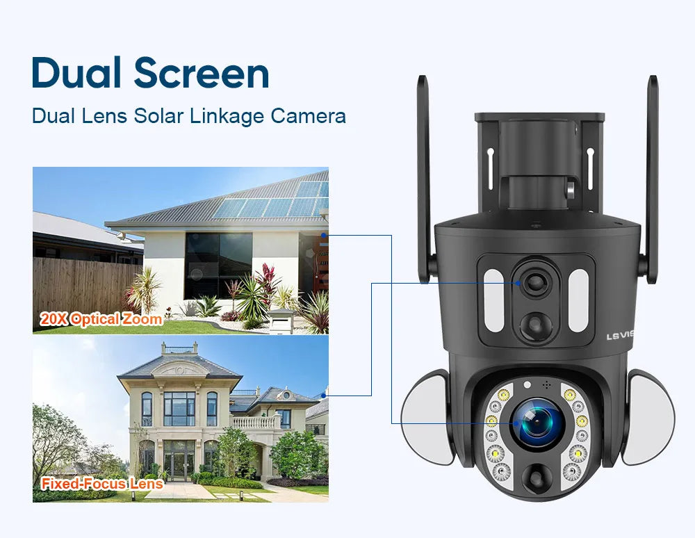 LS VISION 4K Solar Camera, 4K solar camera with dual screens, 20x optical zoom, and fixed focus. 