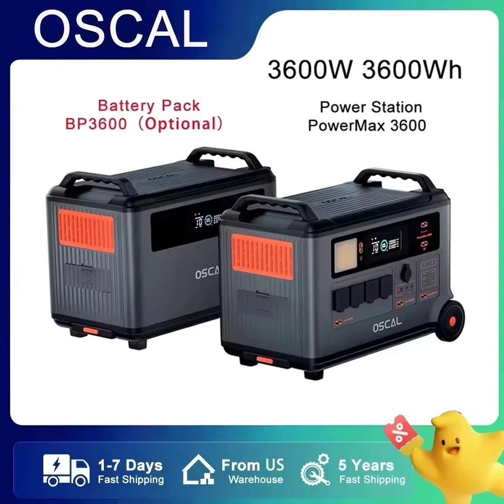 OSCAL 3600W power station with 3600Wh capacity, BP3600 battery pack, 14 outlets, US plug, fast US shipping.