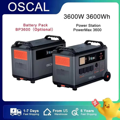OSCAL 3600W power station with 3600Wh capacity, BP3600 battery pack, 14 outlets, US plug, fast US shipping.