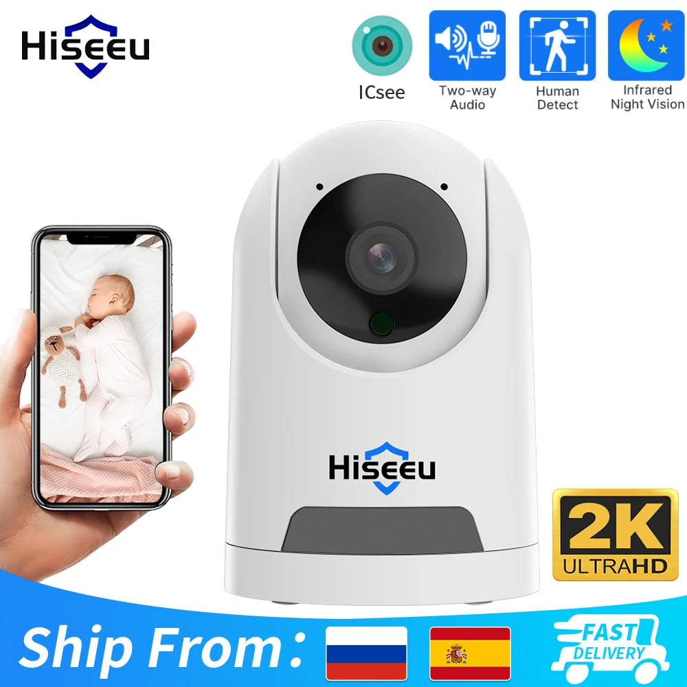 Hiseeu 2MP Baby Pet Monitor Camera, High-definition baby monitor with two-way audio, night vision, and fast US shipping.