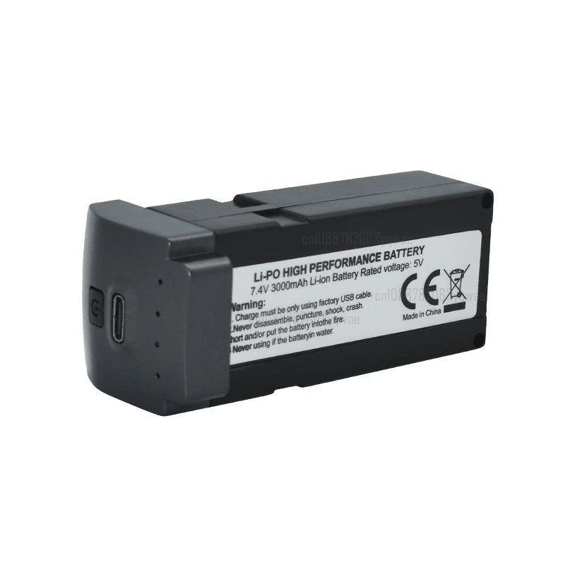 7.4V 3000mAh Li-ion battery, 5V rated, for use with factory USB cable only. Do not damage or expose to elements. Made in China. CE marked.