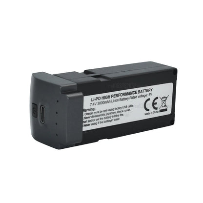 7.4V 3000mAh Li-ion battery, 5V rated, for use with factory USB cable only. Do not damage or expose to elements. Made in China. CE marked.