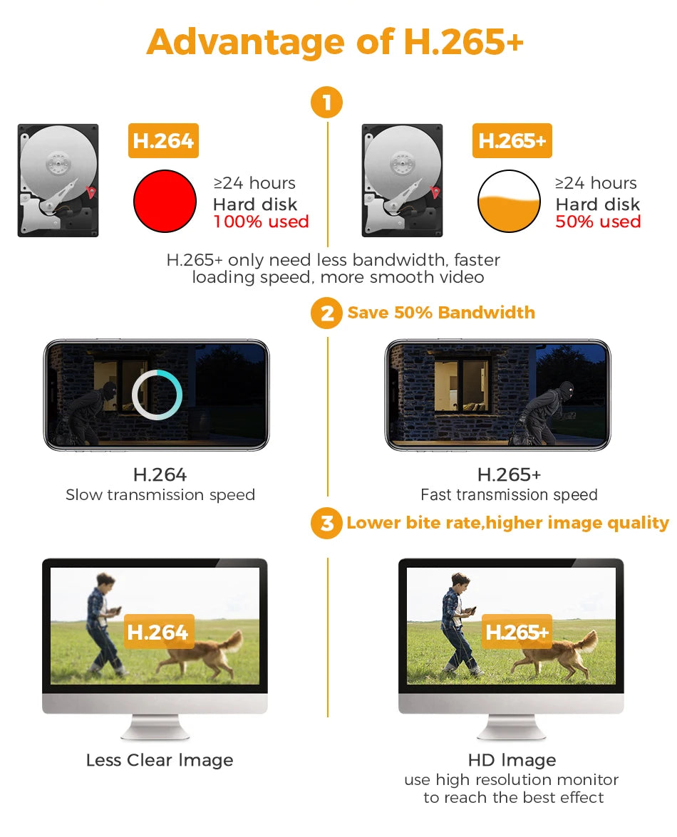 Hiseeu 9MP Camera, High-quality video playback and efficient storage with Hiseeu's 9MP PTZ camera using H.265+ technology.
