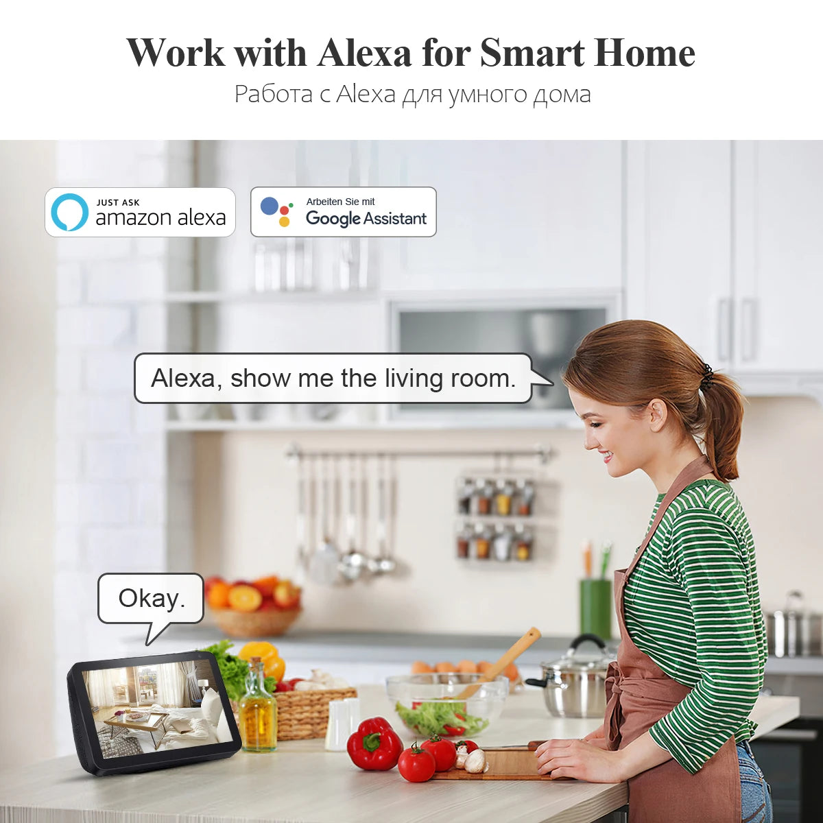 MISECU 2K 3MP Solar Security Camera, Arbeiten Sie mit amazon alexa Google Assistant Alexa, show me the living room: Okay