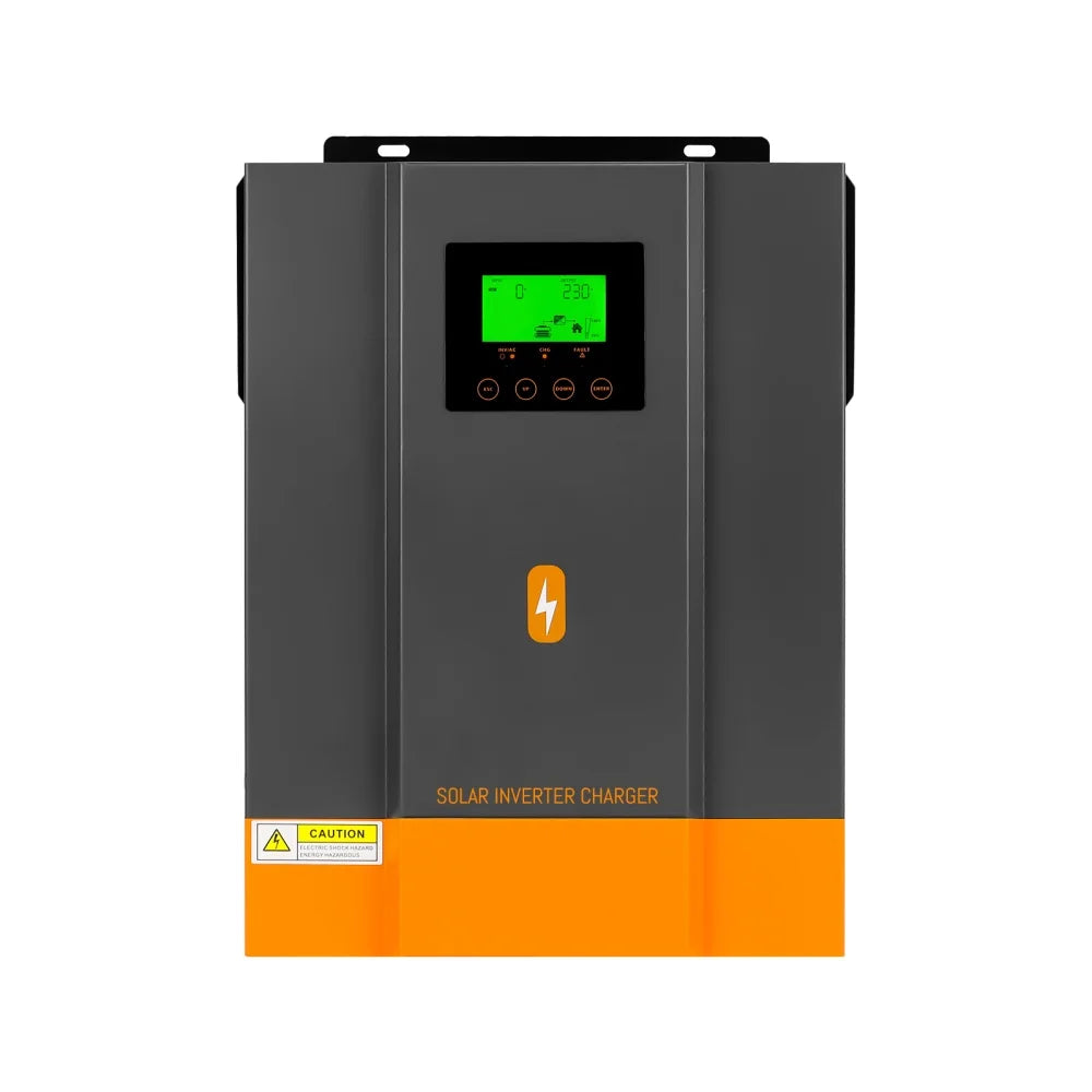 Solar inverter charger front panel with green LCD display, control buttons, and wall-mount bracket