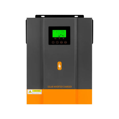 Solar inverter charger front panel with green LCD display, control buttons, and wall-mount bracket