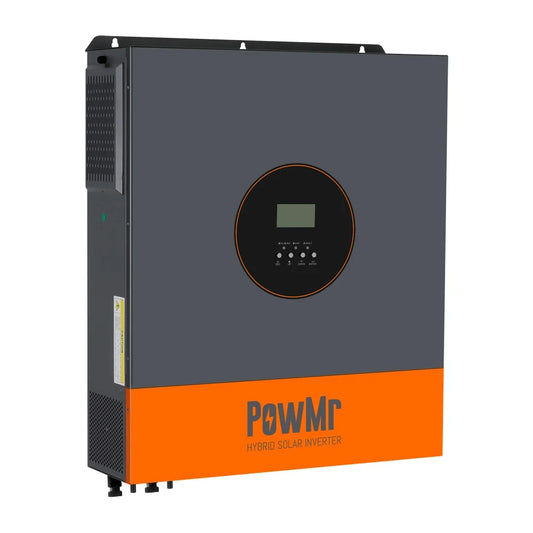 PowMr POW-HVM11KP hybrid solar inverter wall-mount unit, angled front view with LCD control panel
