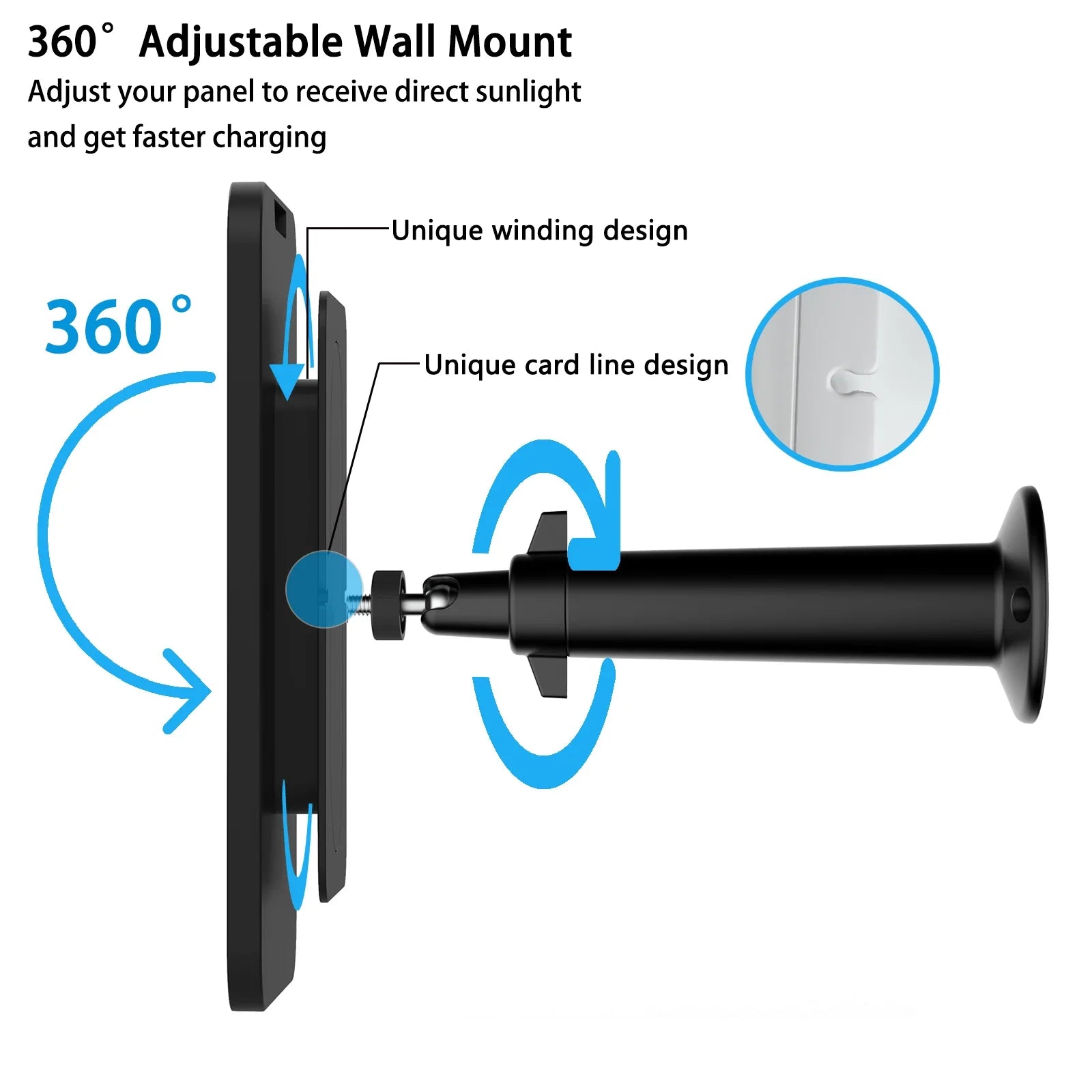 Arlo Pro 2 Solar Panel, Unique winding design for adjustable wall mount, maximizing solar charging and recharging speed.