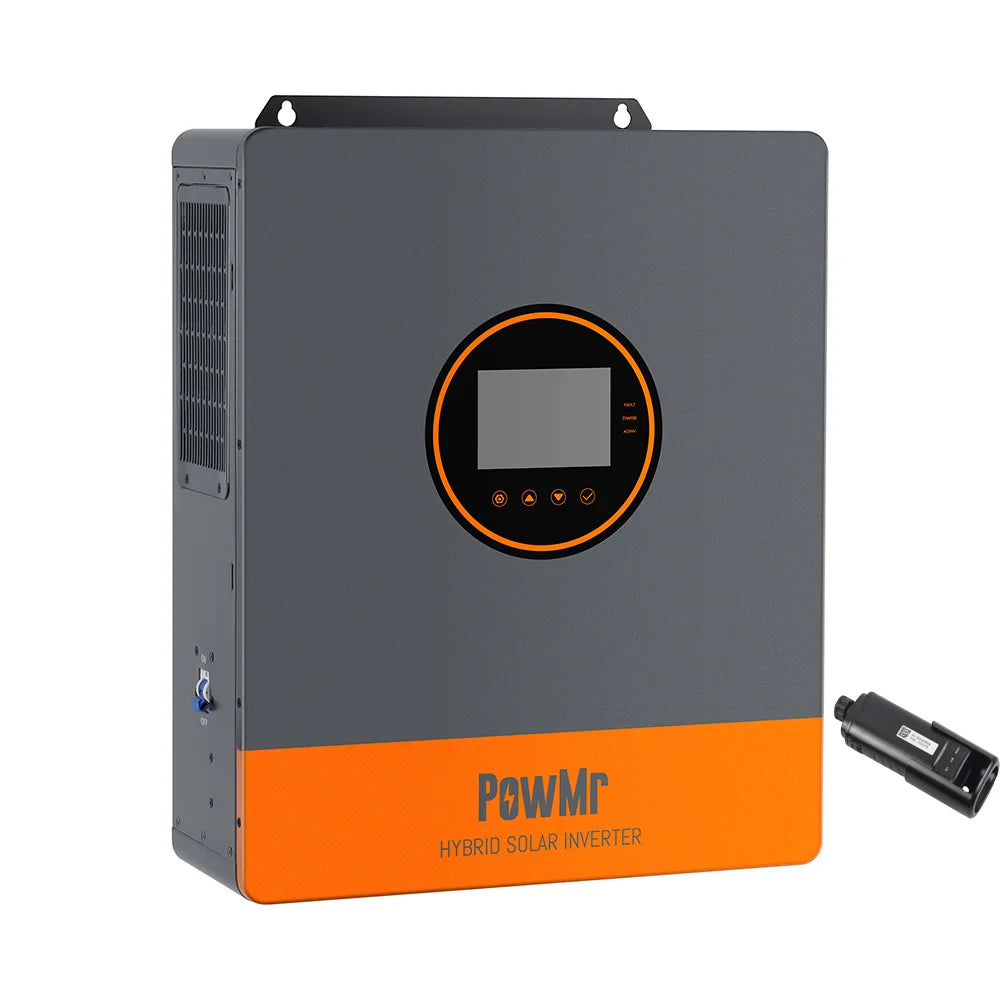 Angled view of PowMr SP5.2K inverter showing side vents and included USB communication dongle