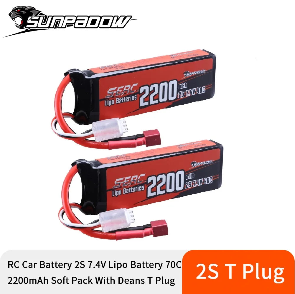 SUNPADOW 2S Lipo Battery, SUNPADOW 2S 7.4V 2200mAh 40C LiPo battery with Deans T-plug; ideal for RC cars, drones, FPV, airplanes, helicopters, and quadcopters; pack of two.