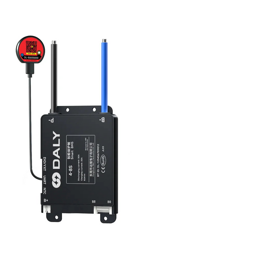 DALY Smart BMS front view with mounting bracket, blue and black leads, and wired Bluetooth/WiFi module