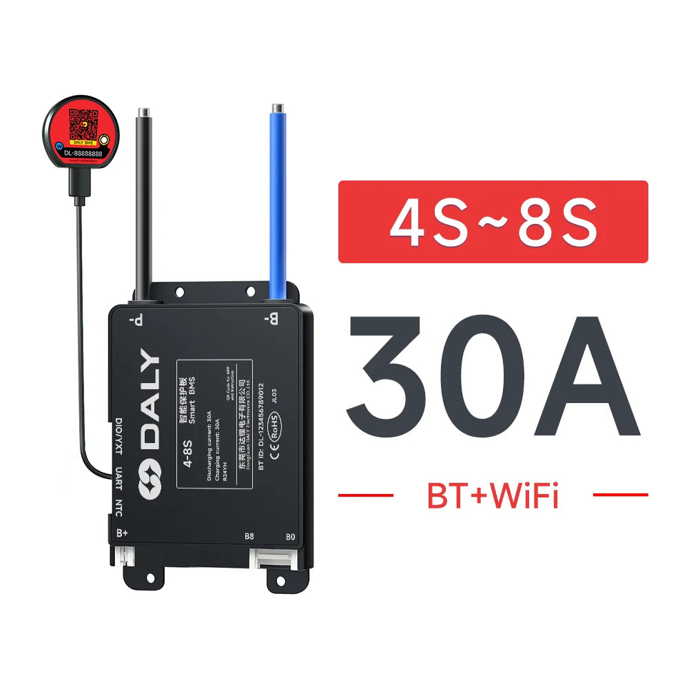 BMS variant graphic: 4S–8S, 30A, BT+WiFi, with wired module and dual leads shown