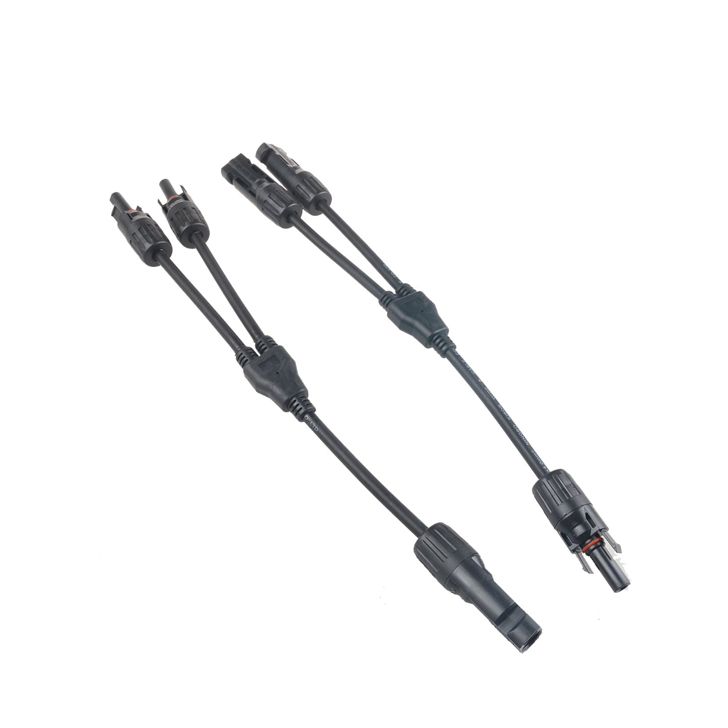 MC4 Y-branch solar panel connector cable set with two black splitter leads and male/female plug ends