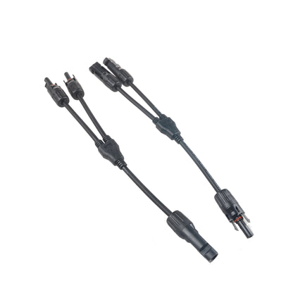 MC4 Y-branch solar panel connector cable set with two black splitter leads and male/female plug ends