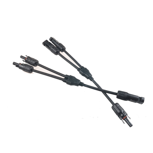 MC4 Y-branch solar panel cable connector set with black split cables and male/female MC4 plugs