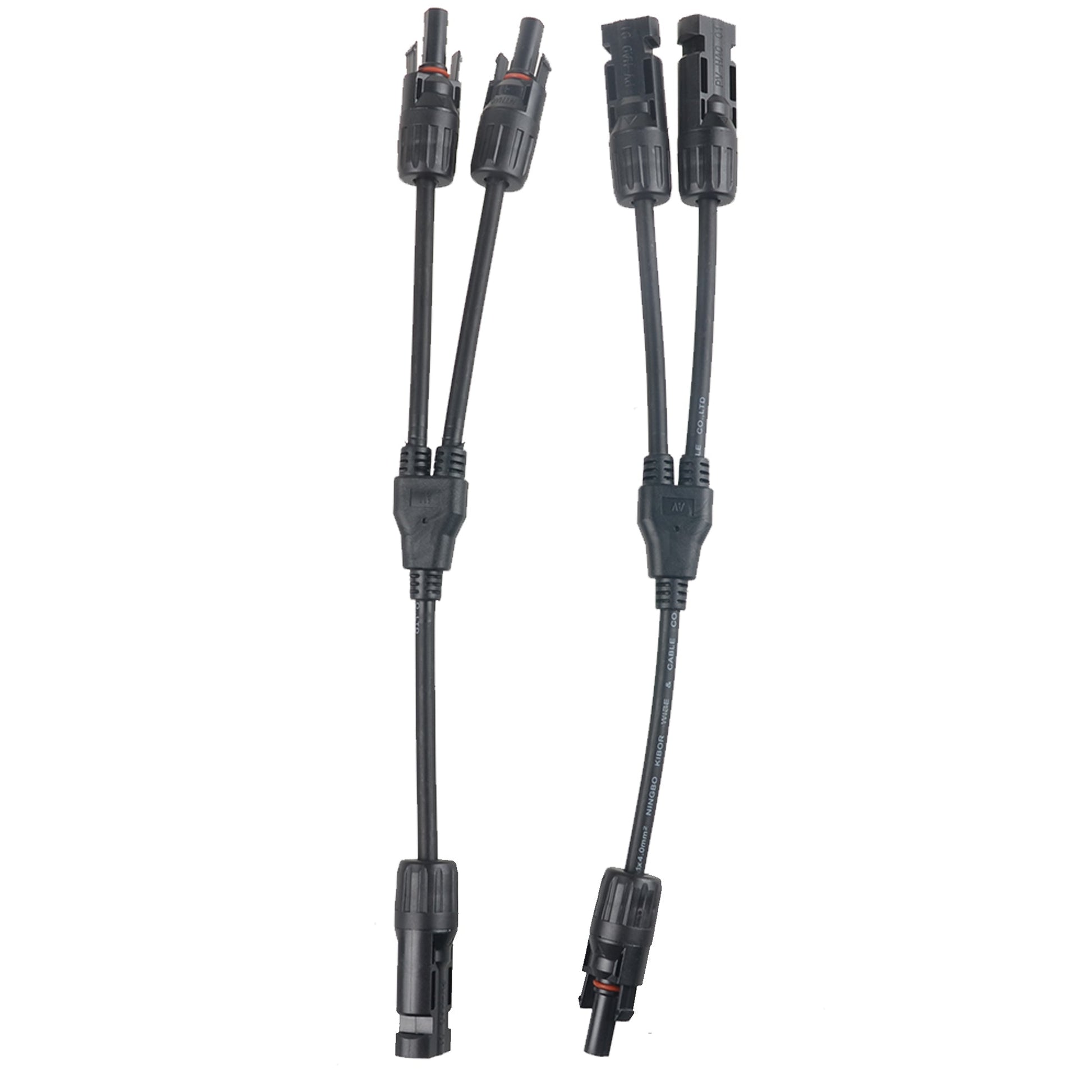 Pair of MC4 Y-branch solar panel cable connectors with molded splitters and male/female plug ends