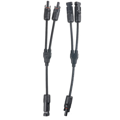 Pair of MC4 Y-branch solar panel cable connectors with molded splitters and male/female plug ends