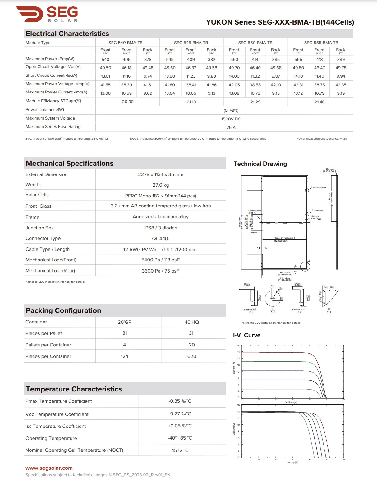 SEG 550W Solar Panel, SEG-550W Solar Panel product features maximum power 550W, open circuit voltage 49.7V, and operating temperature range 40°C to 85°C.