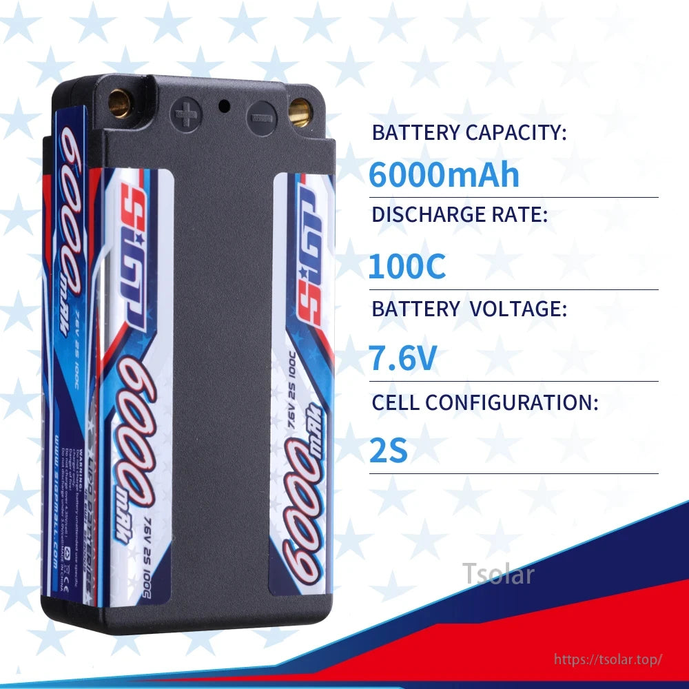 SIGP 2S 7.4V/7.6V LiPo Battery, High-performance 7.6V SIGP 6000mAh 2S LiPo battery with 100C discharge rate, ideal for demanding RC applications.
