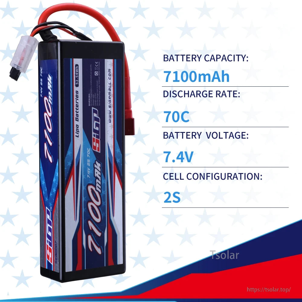 SIGP 2S 7.4V/7.6V LiPo Battery, 7100mAh 7.4V 2S LiPo battery with 70C discharge rate, designed for high-performance RC use.