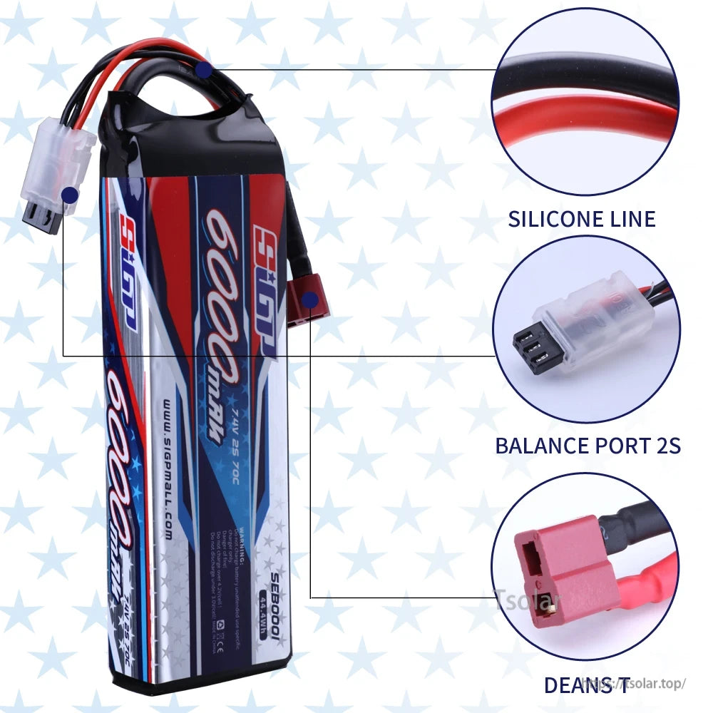 SIGP 2S 7.4V/7.6V LiPo Battery, SIGP 6000mAh 7.4V LiPo Battery with Deans T and Balance Port