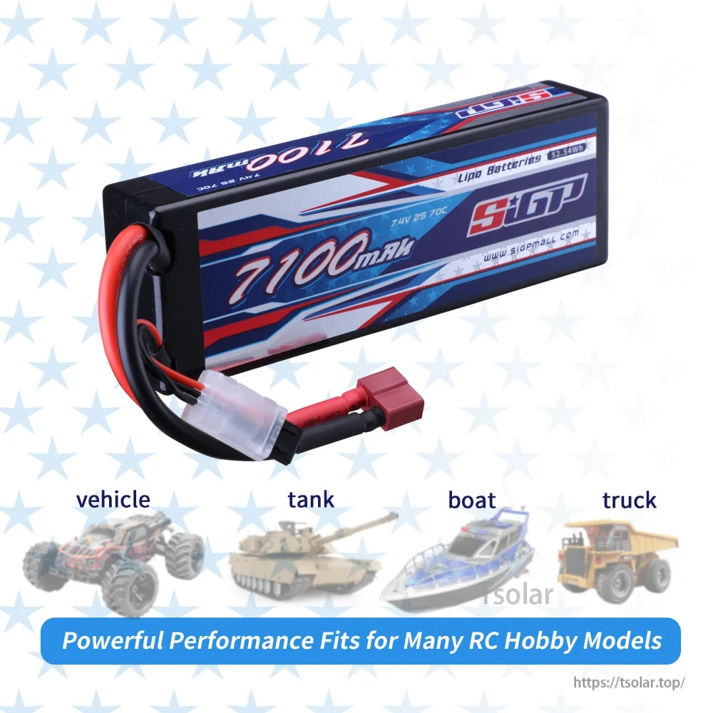 SIGP 2S 7.4V/7.6V LiPo Battery, High-performance 7100mAh 7.4V LiPo battery with 70C discharge rate, ideal for RC vehicles, tanks, boats, and trucks.