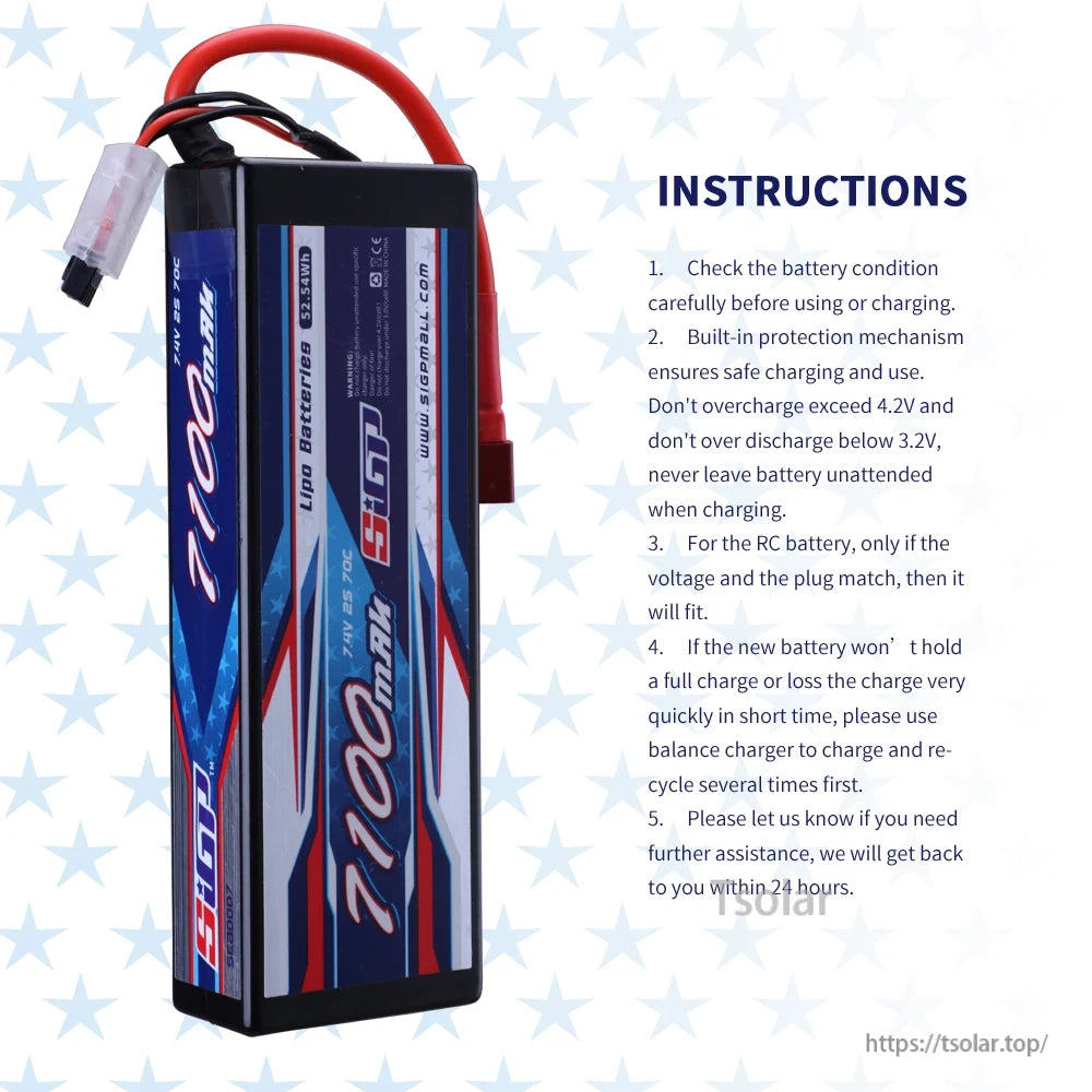SIGP 2S 7.4V/7.6V LiPo Battery, 7.4V/7.6V 7100mAh LiPo battery; check condition, avoid overcharge/discharge, use balance charger, confirm voltage and plug compatibility, contact support if needed.