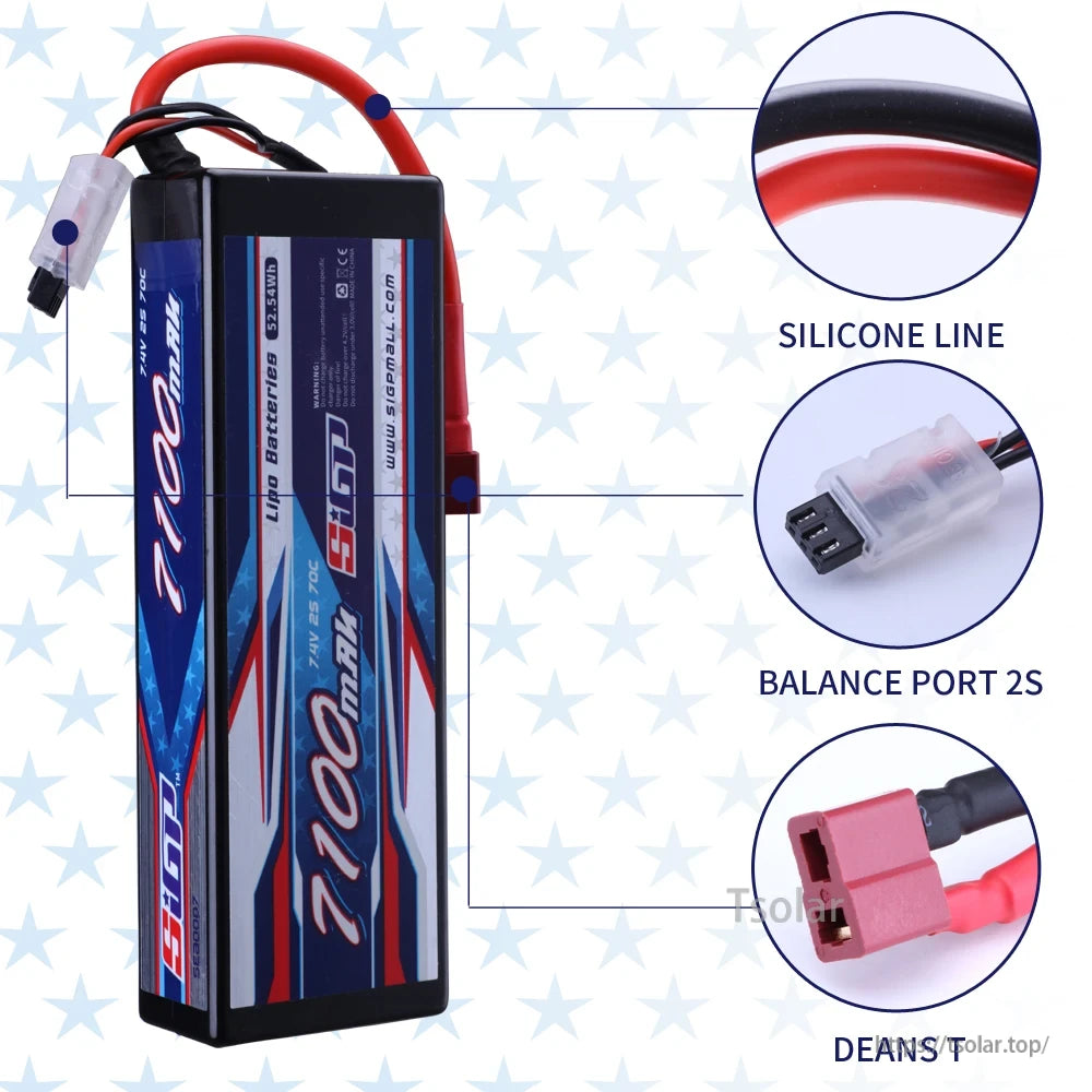 SIGP 2S 7.4V/7.6V LiPo Battery, 7.4V 7100mAh 2S LiPo battery with Deans T and balance port for high-performance power needs.