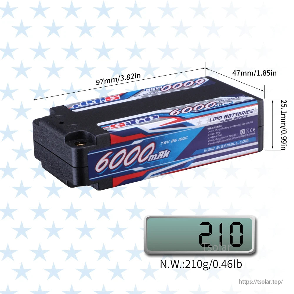 SIGP 2S 7.4V/7.6V LiPo Battery, 7.6V 6000mAh LiPo battery, high performance for RC use. Safety: avoid overcharge/discharge. CE certified. Made in China. www.sigpmall.com.