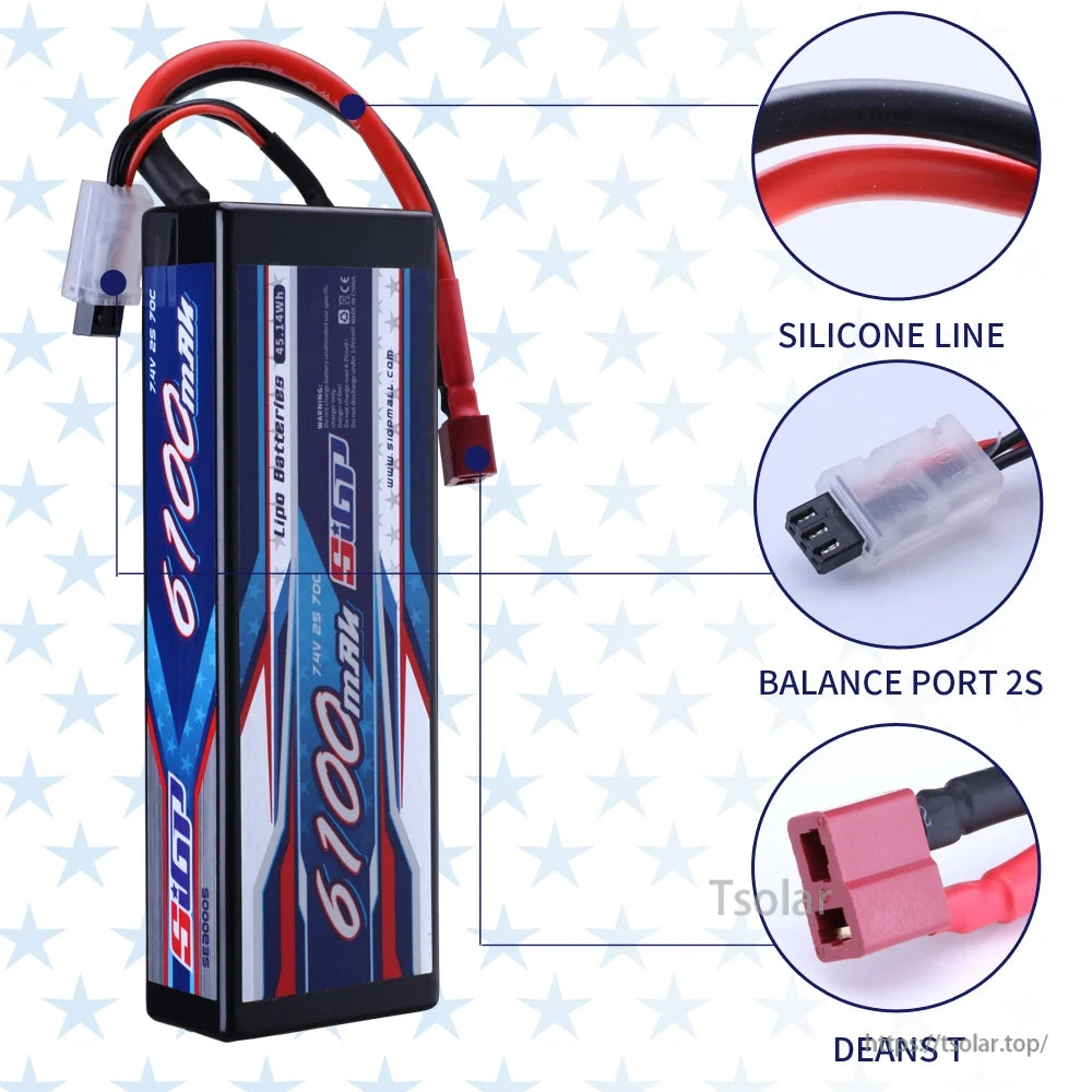 SIGP 2S 7.4V/7.6V LiPo Battery, SIGP 6100mAh 7.4V 2S LiPo battery with silicone wires, balance port, and Deans T connector for reliable power delivery in RC models.