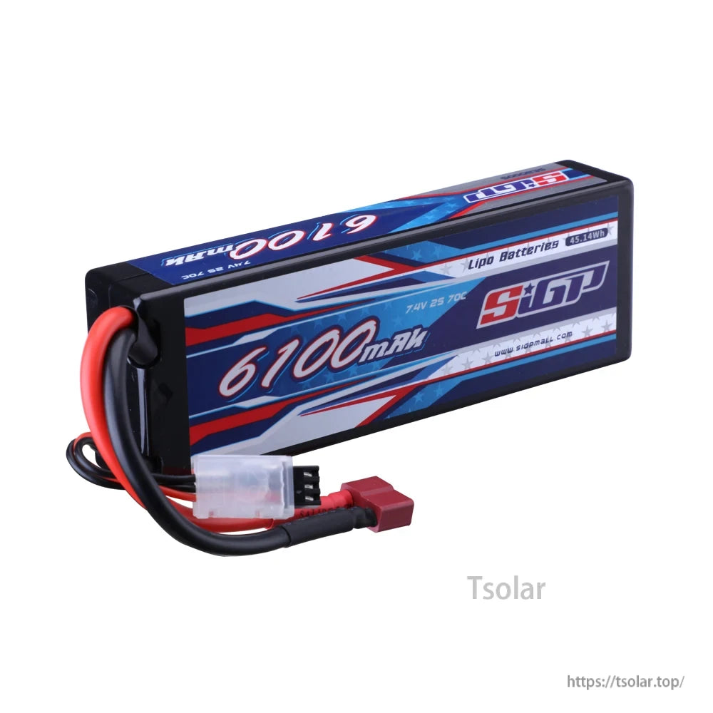 SIGP 2S 7.4V/7.6V LiPo Battery, High-performance 6100mAh 7.4V 2S 70C LiPo battery with 45.14Wh capacity, ideal for demanding RC applications requiring reliable power and durability.