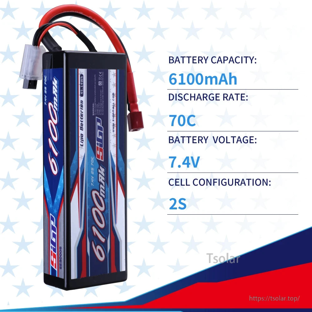 SIGP 2S 7.4V/7.6V LiPo Battery, High-performance SIGP 6100mAh 7.4V 2S LiPo battery with 70C discharge rate, ideal for RC applications.