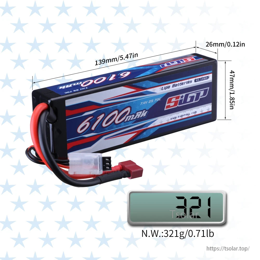 SIGP 2S 7.4V/7.6V LiPo Battery, SIGP 6100mAh 7.4V 2S 70C LiPo battery, 139x47x26mm, 321g, with red-black wires, connector, and dynamic blue-red-white design.