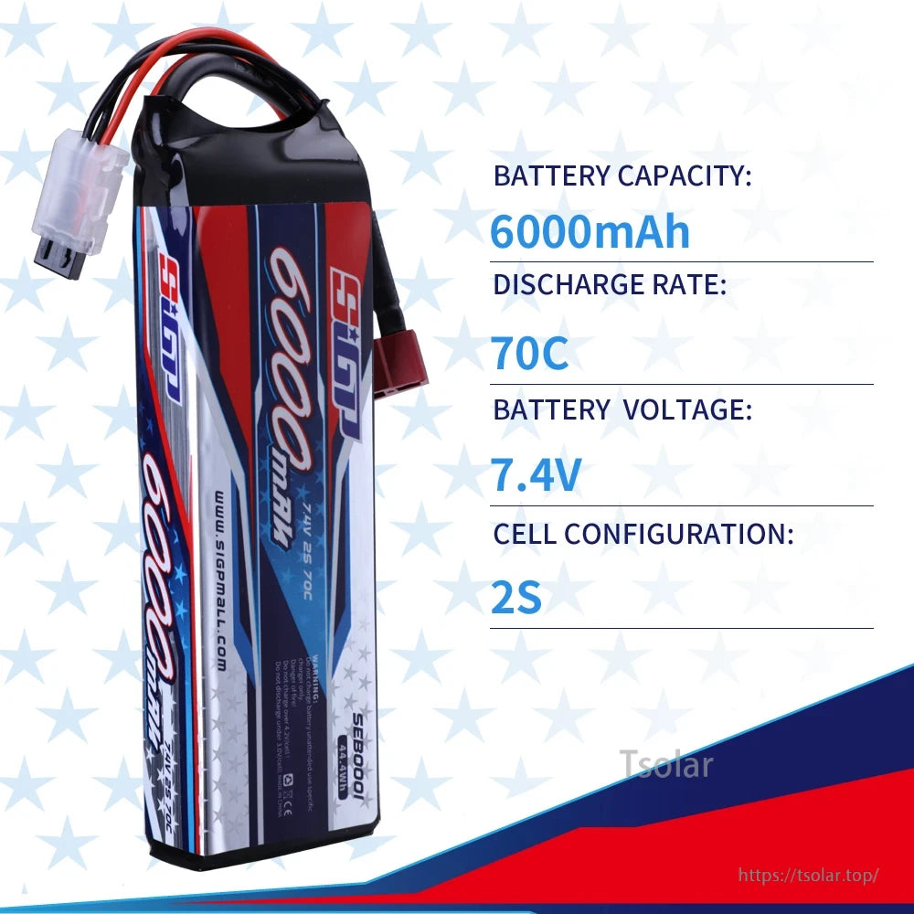 SIGP 2S 7.4V/7.6V LiPo Battery, SIGP 6000mAh 7.4V 2S LiPo battery features a 70C discharge rate, red and blue star-pattern design.