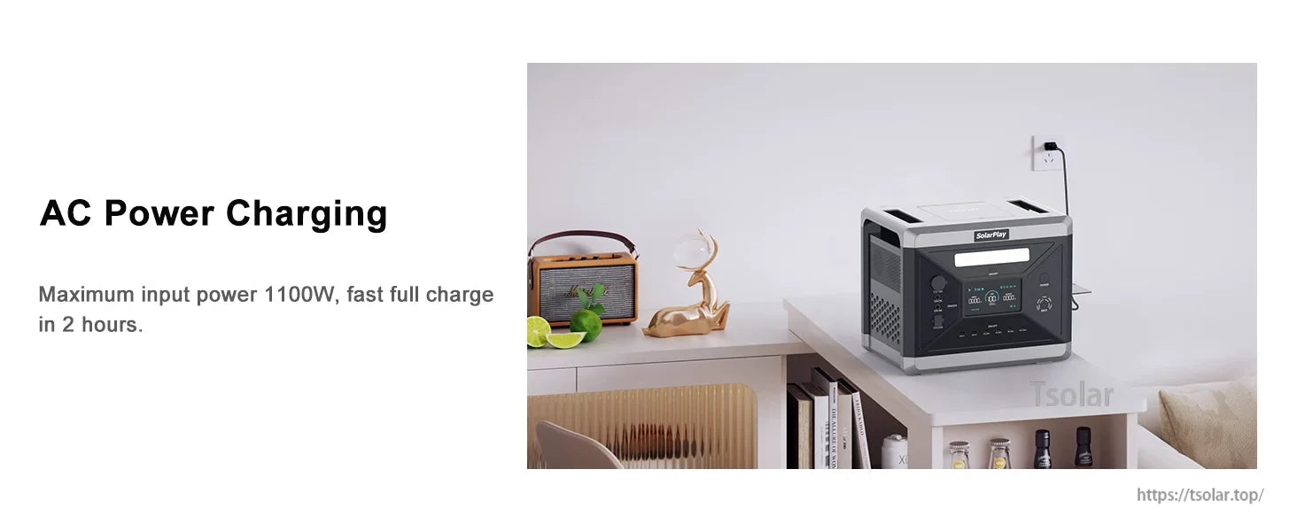 SolarPlay Q2501 portable power station fully charges in 2 hours via 1100W AC input; displayed on a desk.